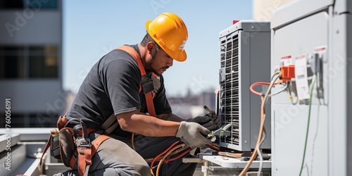 An air conditioner repairman wearing helmet working on an air conditioner in front of a tall building photo