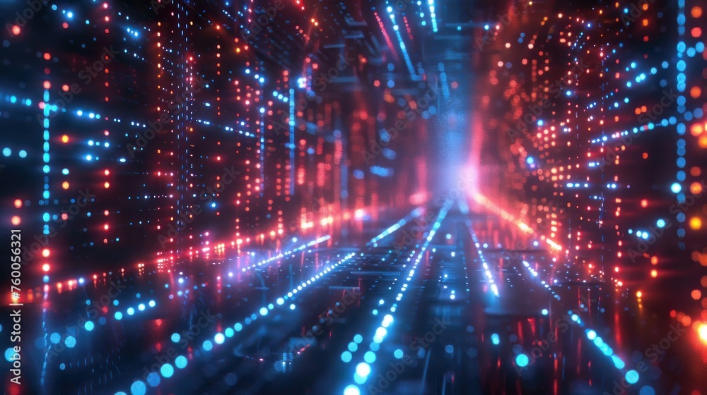 Abstract high-tech background for presentations and websites. Big data background with glowing dynamic lines, binary code. Futuristic neon stripes.