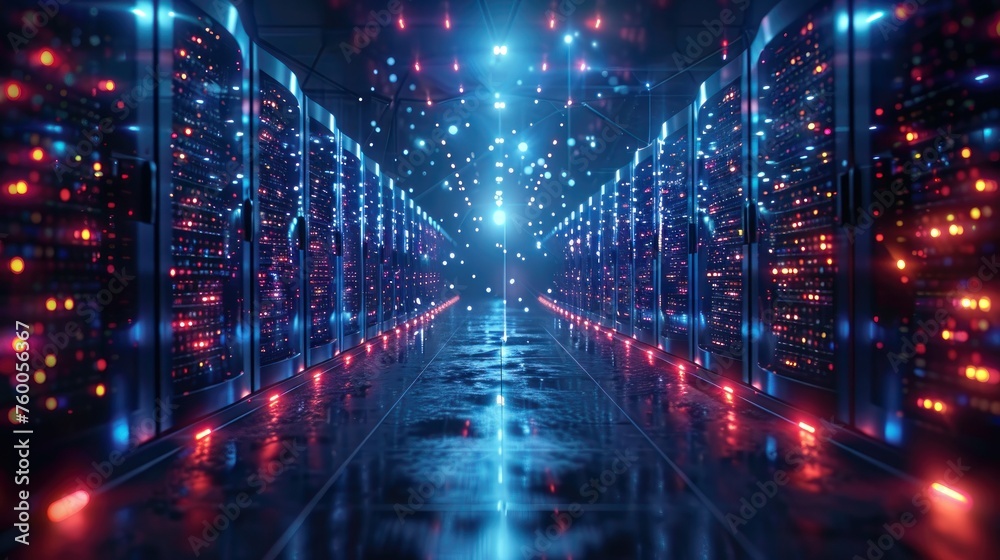 Obraz premium Futuristic abstract techno Sci-fi neon glowing lines background. Digital artwork. Reflections on the floor and ceiling. Virtual 3D background, representation for business