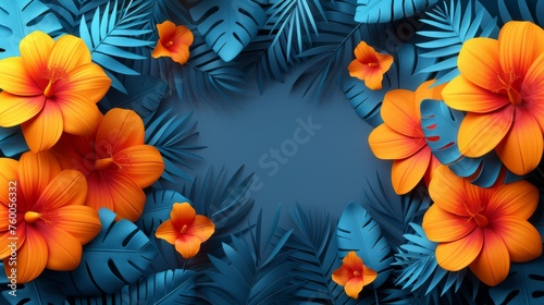  a blue and orange tropical background with flowers and leaves on a dark blue background with a place for a text.
