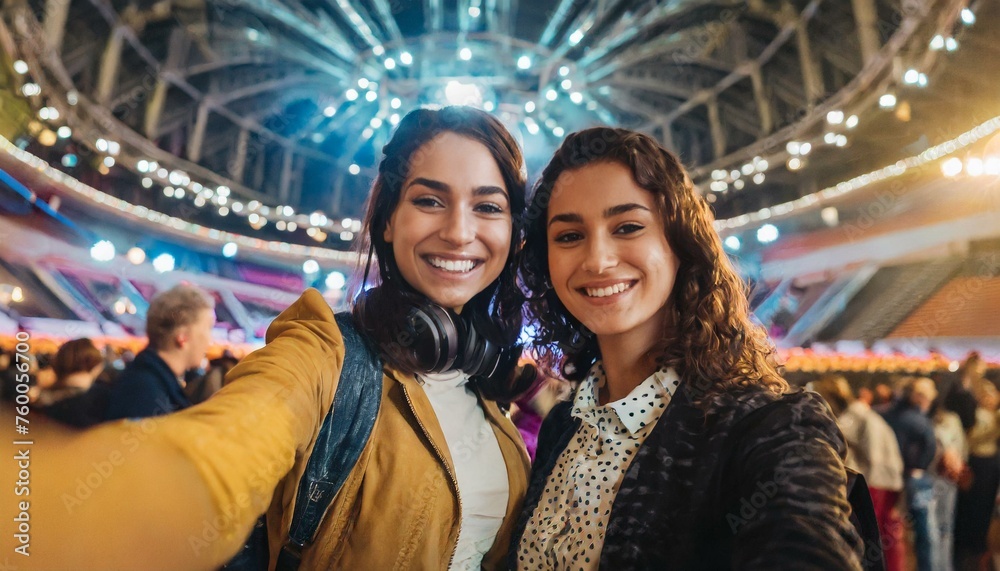 Selfie image of two young women at a concert in a giant indoor arena Selfie image of two young women at a concert in a giant indoor arena