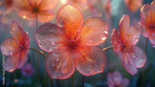  a close up of a bunch of flowers with drops of water on the petals and the petals on the petals.