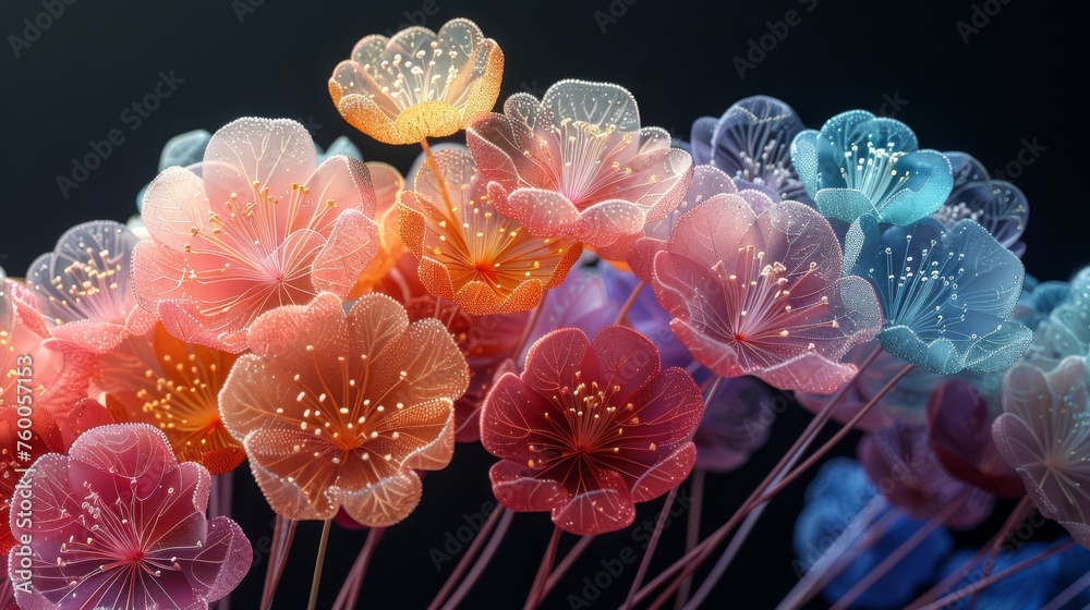  a close up of a bunch of flowers with water droplets on the petals and in the middle of the petals, on a black background.