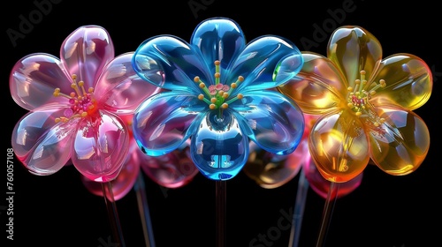  a group of three colorful flowers sitting on top of a black table next to each other on top of a wooden stick.