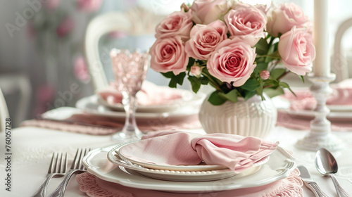 beautiful table setting with floral flowers on light background © Vahagn