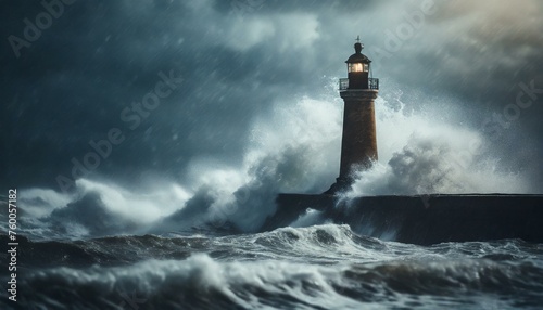 Storm with big waves over the lighthouse at the ocean © Marko