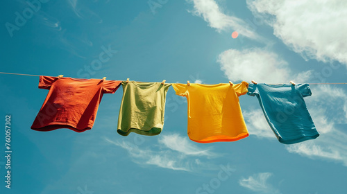 laundry clothes hanging on rope against blue sky background