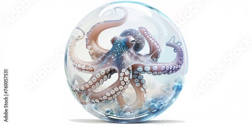 an octopus trapped in an glass bubble isolated on white background
