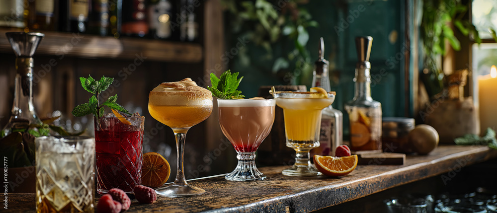 An array of artisanal cocktails, each with a unique garnish, beckons from the rustic bar top An array of artisanal cocktails, each with a unique garnish, beckons from the rustic bar top