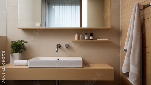 Minimalist Bathroom Interior with Wood Accents and a Modern Rectangular Bathtub