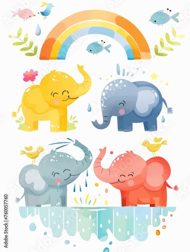 Gentle Elephant Creating Rainbow with Water in Nursery Clipart Style Generative AI