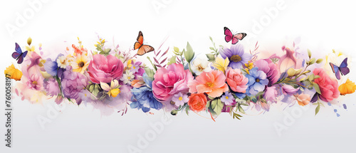 A panoramic cascade of flowers and butterflies unfolds in a serene, watercolor dreamscape