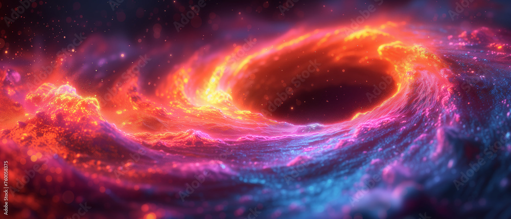 A fiery swirl of cosmic energy engulfs the void, hinting at the mysteries of a black hole A fiery swirl of cosmic energy engulfs the void, hinting at the mysteries of a black hole