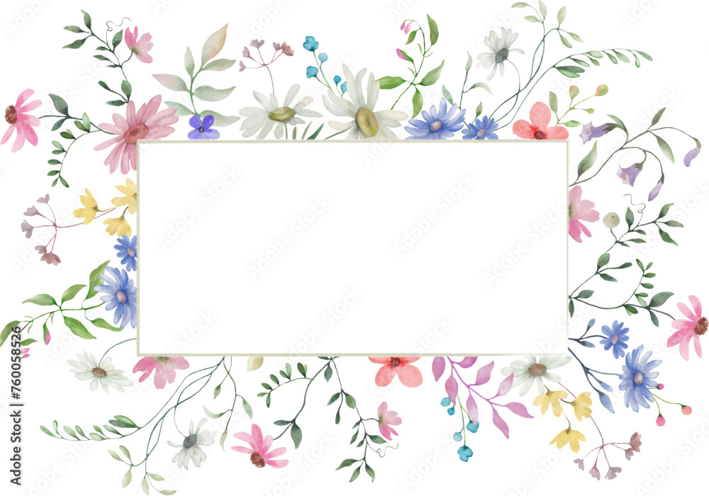 Watercolor floral frame with wildflowers. Hand drawn illustration isolated on transparent background. Vector EPS.