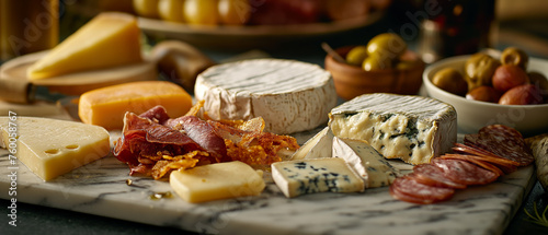 An exquisite cheese board array featuring a selection of fine cheeses and cured meats