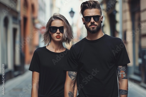 Man and woman wearing blank black t-shirt