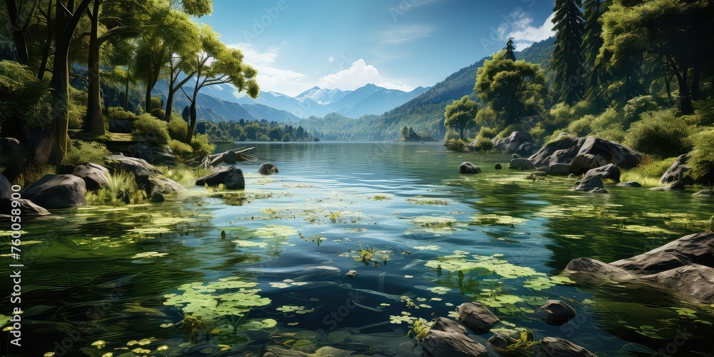 Lush Lakeside - Exploring Nature's Verdant Waterscapes Explore the verdant waterscapes of nature's lush lakeside. Capture the rich greenery, reflections, 