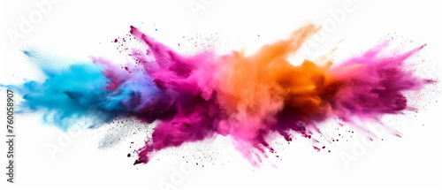 A dynamic burst of colorful powder spans across the frame, creating a vivid abstract explosion