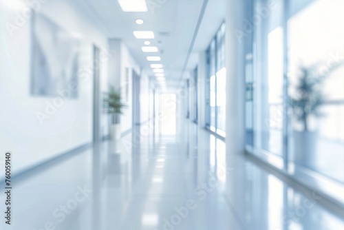 Abstract blurred white doctor medical office room background concept for blur empty space grey modern hospital clinic pharmacy, light clean interior retail sale, blue glare window hallway building
