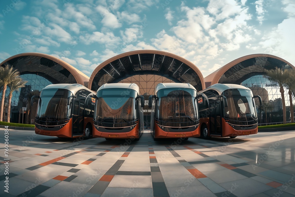 Fototapeta premium modern travel buses are neatly lined up in front of the luxurious terminal