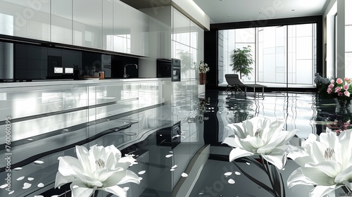  a black and white kitchen with white flowers in the middle of the counter and a vase of flowers in the middle of the counter.