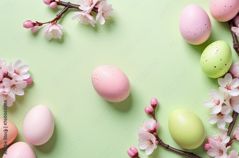pastel pink easter eggs and spring flowers on lime green horizontal background with copy space center pastel pink easter eggs and spring flowers on lime green horizontal background with copy space center