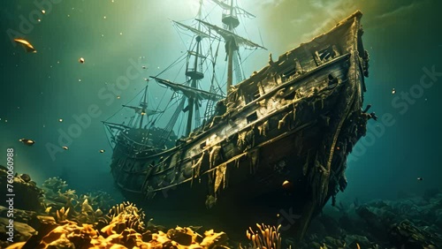 Old ship wreck in deep blue sea. Underwater landscape. 3d render, sunken tall ship, AI Generated photo
