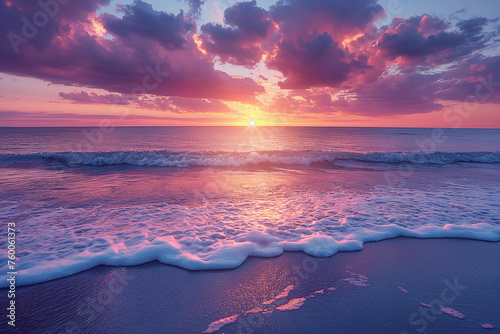 Moment of sunset. The clouds in shades of pink, orange, and purple.
