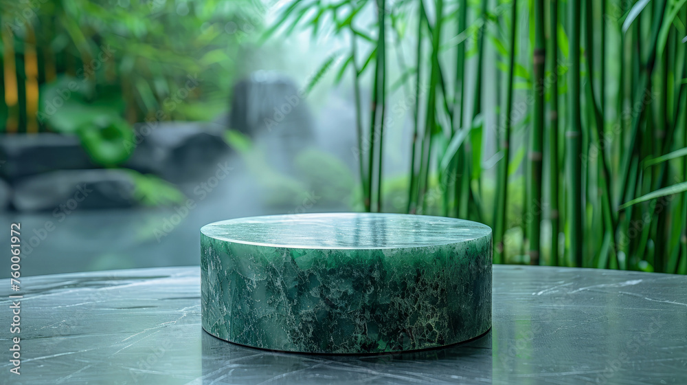 Empty product podium of jade-green round polished stone in Zen style against background of misty mystical bamboo forest. For advertising. Slanting rays of light through fog. Close-up. Copy space. Empty product podium of jade-green round polished stone in Zen style against background of misty mystical bamboo forest. For advertising. Slanting rays of light through fog. Close-up. Copy space.