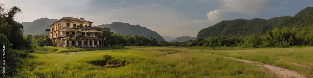 View of grass field and mountain on cloud in the sky background. abandoned house, mountains, trampled path View of grass field and mountain on cloud in the sky background. abandoned house, mountains, trampled path
