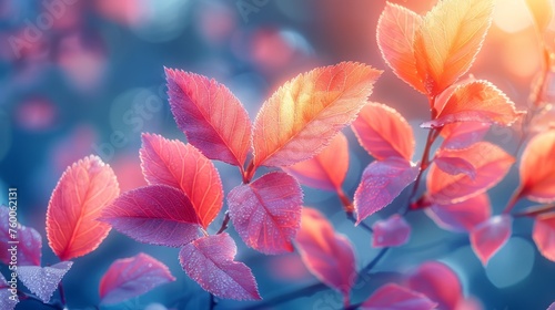  a close up of a bunch of leaves on a branch with a blurry background of blue and pink colors.