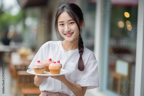 Young pretty Chinese woman at outdoors holding muffin cake