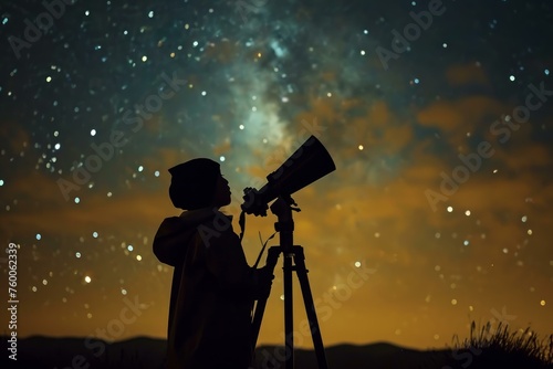 Wide-eyed Child astronomer looking at stars. Kid exploring dark starry sky. Generate ai