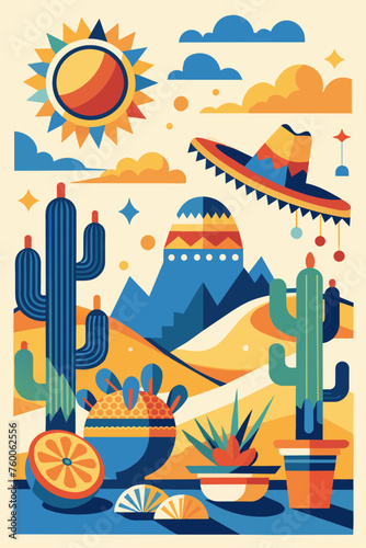 Mexican landscape with desert, cacti, mountains, traditional folklore elements, perfect for travel and tourism designs. Festive poster, mexican background, Mexico backdrop for festival Cinco de mayo