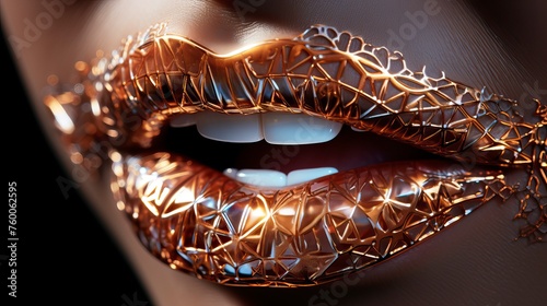 female lips extreme close up shot, brown glowing radium lips made with diamond engraved, shining effect - generative ai photo