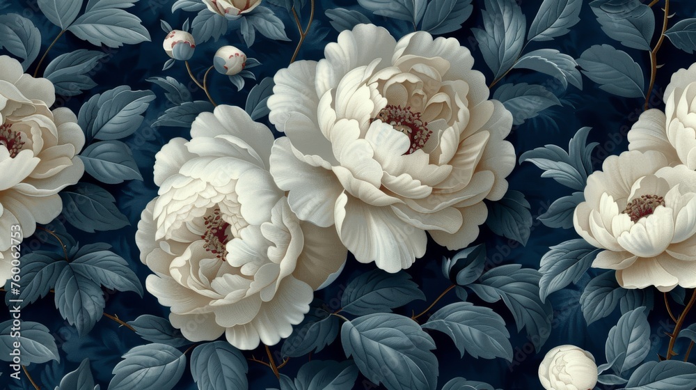  a group of white flowers sitting on top of a blue and green wallpaper covered in leaves and flowers on a dark blue background.