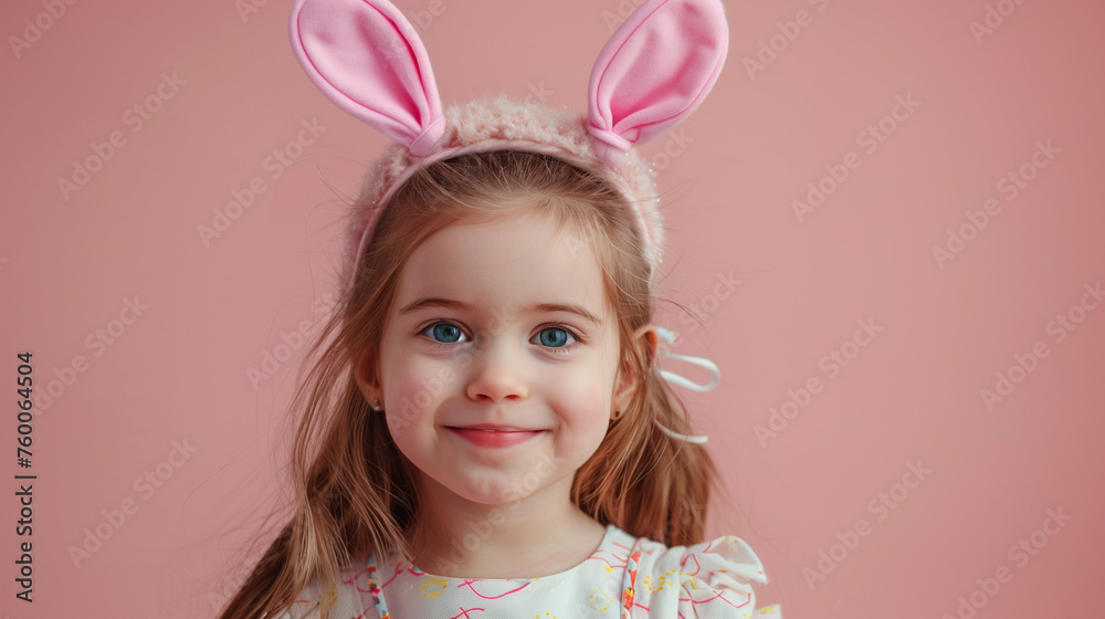 Happy child in the ears of a bunny, happy easter season on a soft pink background Happy child in the ears of a bunny, happy easter season on a soft pink background
