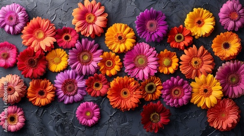  a bunch of colorful flowers laying on top of a black counter top next to a black wall with peeling paint on it.