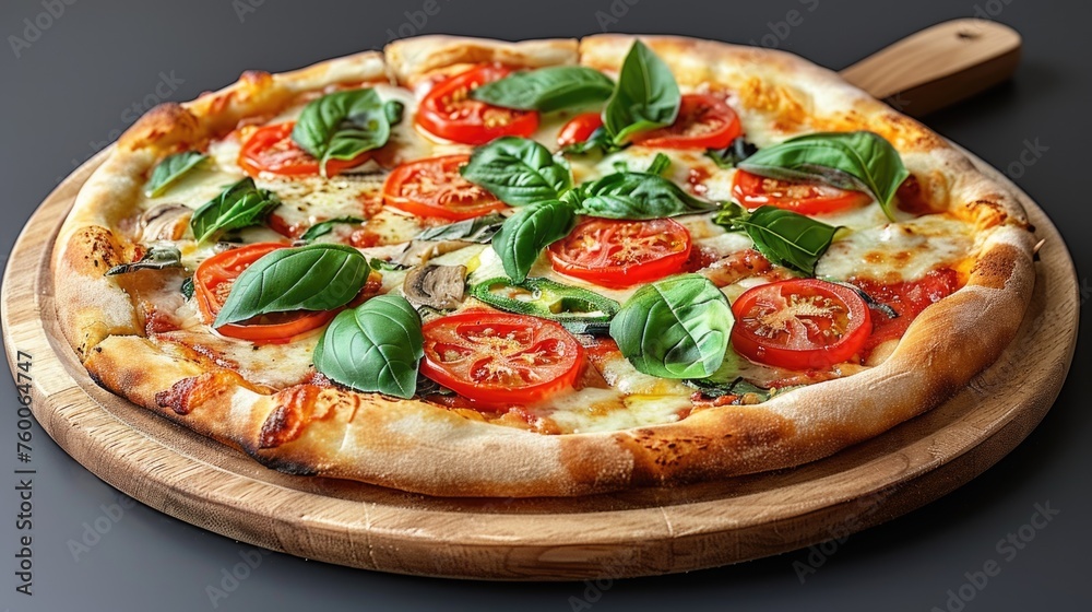 Realistic juicy pizza with cheese, tomatoes and spinach. Italian delicious dish, restaurant menu design element. Traditional cuisine on gray background
