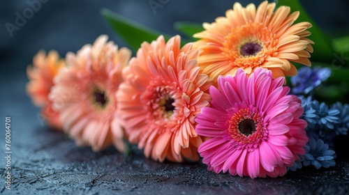  a group of colorful flowers sitting on top of a black table next to a leafy green leafy plant.