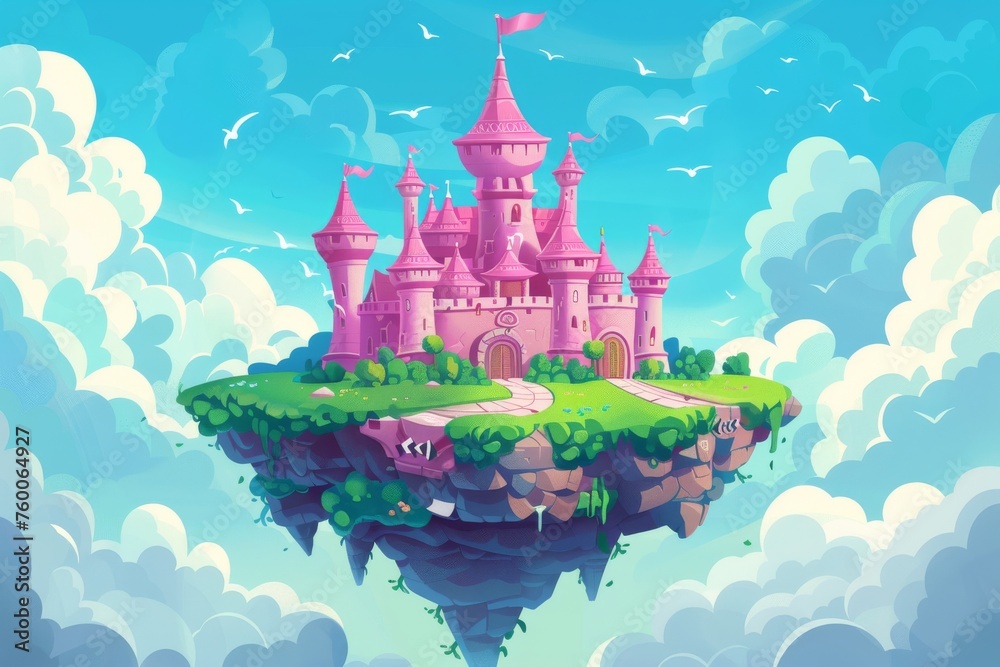 Fantasy summer landscape with royal palace and flying ground pieces in heaven. Pink magic castle on floating island in blue sky with fluffy clouds. Cartoon modern illustration of a grassy island in