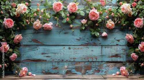  a bunch of pink roses are growing on a blue wood planked wall with green leaves and pink flowers on it.