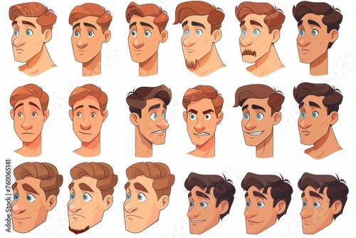 An avatar creation kit for cartoon caucasian male characters. Includes heads, hairstyles, noses, eyes with eyebrows, lips, and isolated facial features.
