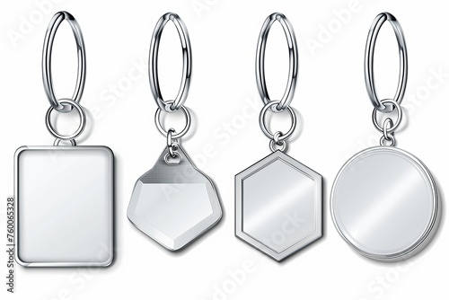 The set includes three types of keys with metal rings: round, square, hexagon. The mockup includes silver colored accessories and souvenir pendants. Modern illustration with realistic 3D modern