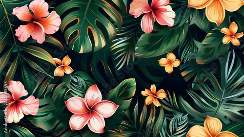 The background is a hand drawn tropical flower  blossom cluster pattern