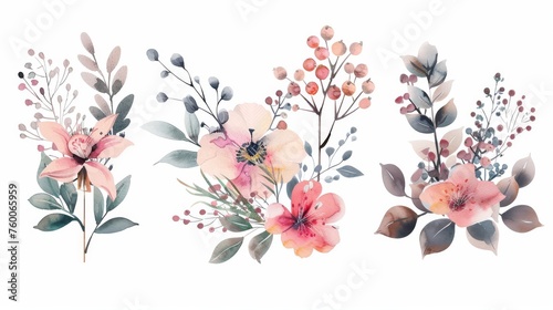 Flowers  berries  and plants in watercolor for design. Modern background for invitations  weddings  and greeting cards.