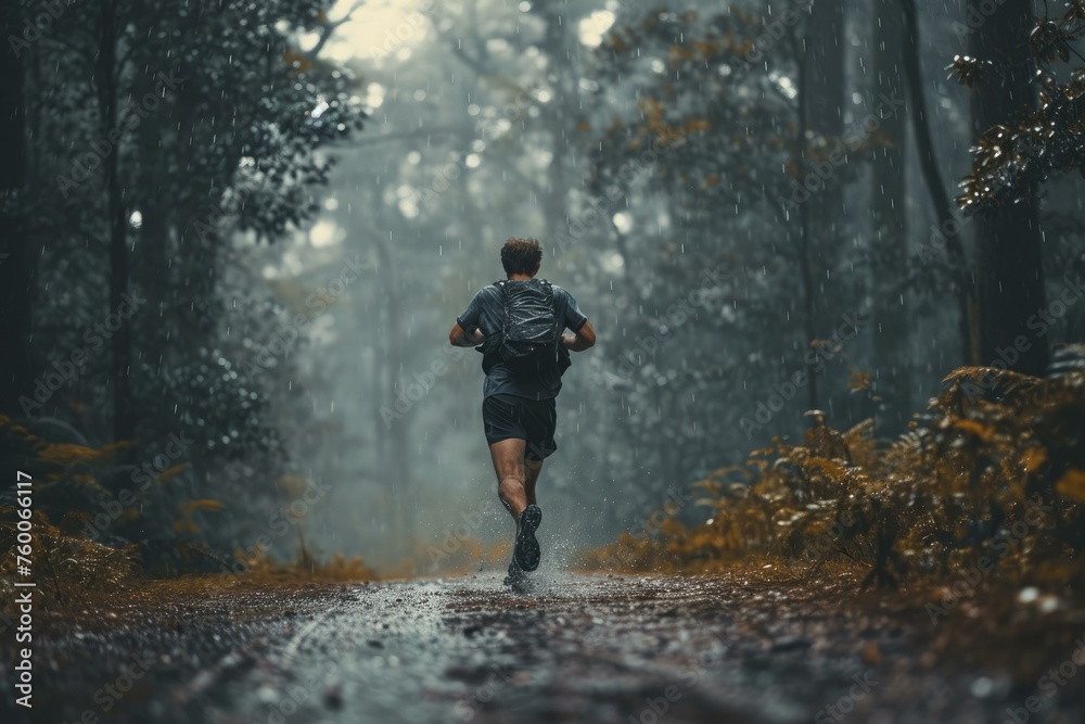 Athletic rainy forest. Runner morning training. Generate Ai - obrazy, fototapety, plakaty 