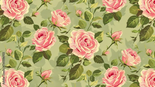 Vintage rose pattern on green background