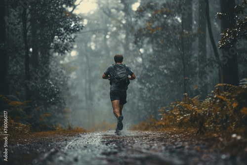 Athletic rainy forest. Runner morning training. Generate Ai photo