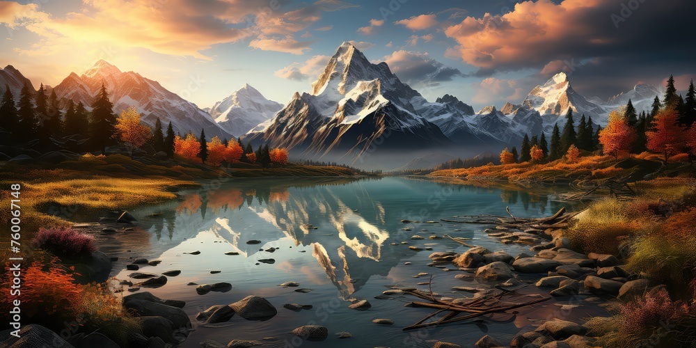 Mountain Majesty - Peaks and Valleys in Harmonious Captures Capture peaks and valleys in harmonious frames with Mountain Majesty. Showcase the grandeur of mountain landscapes, majestic peaks,  - obrazy, fototapety, plakaty 